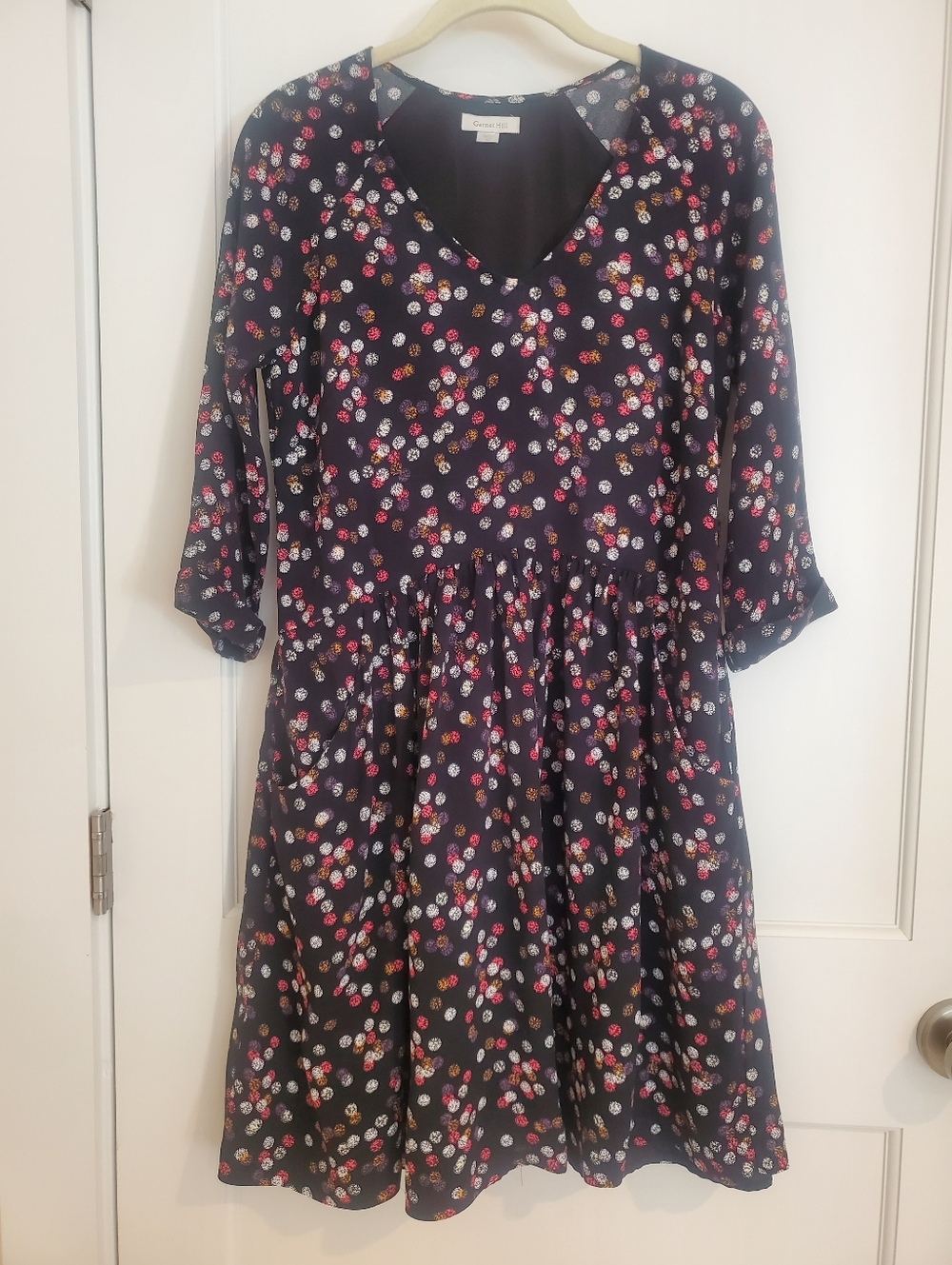 Garnet Hill Dress Size 04. Cuffed Elbow Sleeves, Pockets, Floral Print, Lined.